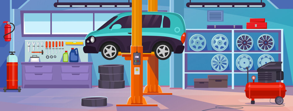Car repair shop interior design with tools and equipment. Auto service background with a car under inspection. Check engine and tire pressure and run diagnostics. Cartoon style vector illustration.
