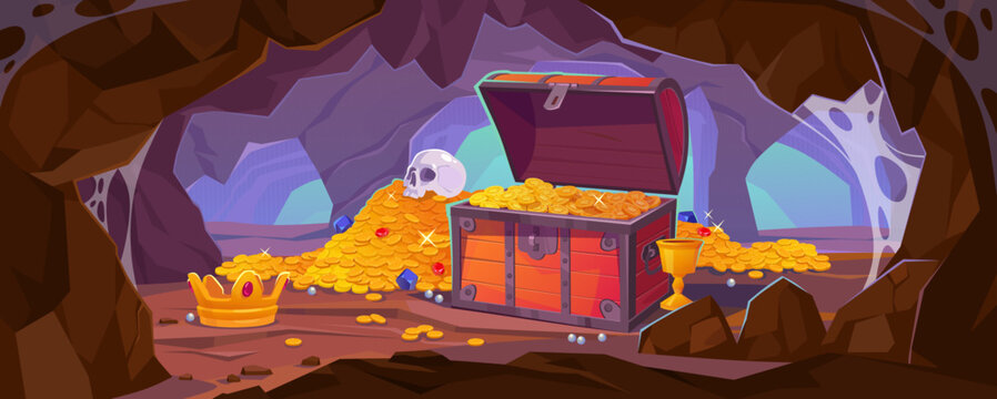 Treasure cave background in cartoon style. Wooden chest with a pile of gold coins, gems, and jewels in a mine. Wealth is hidden in a tunnel under a mountain. Fantasy game vector illustration.
