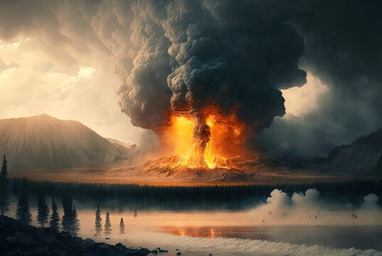 Imagine illustration of Yellowstone Supervolcano eruption, if it happen will cause damage on specific area and spew ash far.