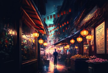 night market scene in Chinatown area, people shopping on street stall under light from paper lantern  - obrazy, fototapety, plakaty