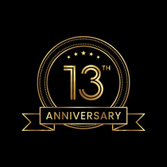 13th Anniversary logo design with gold color for celebration event, invitation, banner, poster, flyer, greeting card. Line Art Design, Logo Vector Illustration