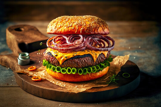 Hot Grilled Beef Burger With Melting Cheese And Sweet Onion Rings