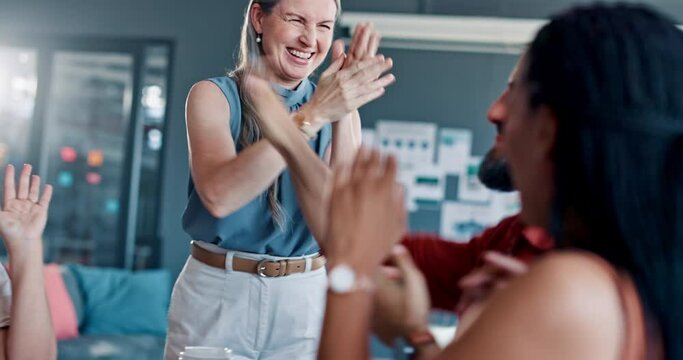 Success, teamwork and business people high five in meeting after ideas, planning goals and strategy. Collaboration, support and group of employees applause, cheer and celebration in corporate office