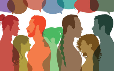 Group of people talking and sharing ideas. Social media concept. Speech bubble