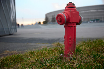 Old red fire hydrant in wroclaw poland street. Fire hidrant for emergency fire access
