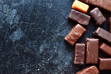 Assortment of chocolates. Candies on a dark bluish background. Top view place for text. Dark chocolate. Chocolate bars.