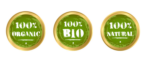 100% natural, bio, organic icon. Vector round green icon with grunge textures and lettering . Gold and green color