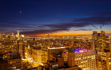 High angle view of lower Manhattan Flatiron district at sunset