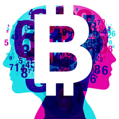 2-person back-to-back figure silhouettes overlaid with various sized semi-transparent numbers. A large white “Bitcoin” currency symbol is placed centrally.