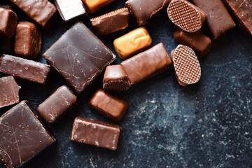 Assortment of chocolates. Candies on a dark bluish background. Top view place for text. Dark chocolate. Chocolate bars.