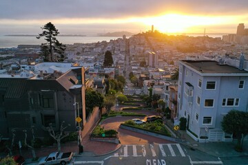 Lombard Street at sunrise in San Francisco, CA