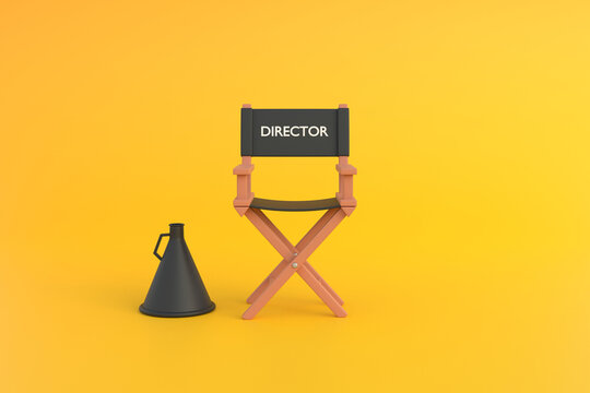 Director chair and megaphone on yellow background. Movie industry concept. Cinema production design concept. 3d rendering illustration