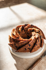 Tasty bundt cake with blueberries or raisins for sunny morning breakfast with hard light and window shadow. Text space