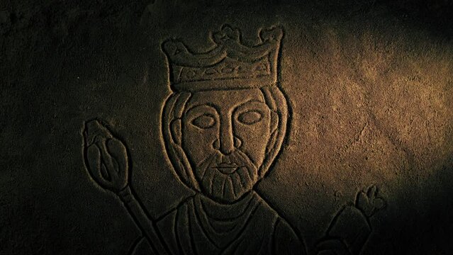 Torch Lights King Rock Carving In Dusty Tomb