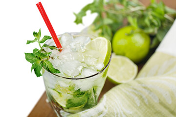 Fresh Mojito cocktail in glass close-up view