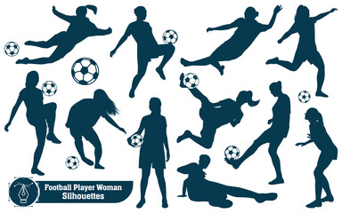 Fototapeta Vector collection of Female playing Soccer or football silhouettes in different poses obraz