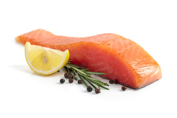Salmon piece with rosemary, lemon, and peppercorn isolated on a white background.