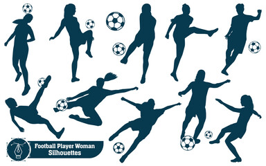 Vector collection of Female playing Soccer or football silhouettes in different poses