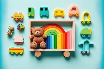 Obraz premium a teddy bear sitting on a toy shelf with toys around it on a blue background with a rainbow and train theme on the wall behind it, and a rainbow and a toy train and.