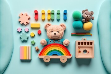 Obraz premium a teddy bear sitting on a toy car surrounded by toys and other items on a blue background with a rainbow and a rainbow on the floor next to it is a teddy bear with a.