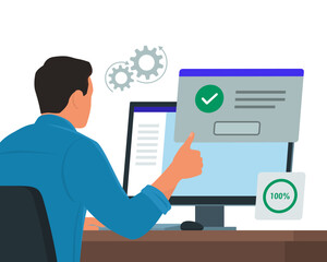 Man working with computer and receiving a system notification