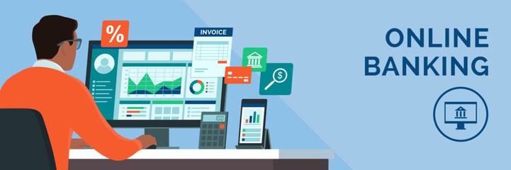 Businessman checking reports and online bank account on computer