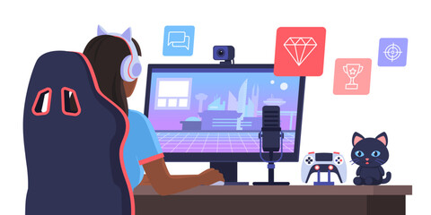 Cute gamer girl playing video games online and live streaming © elenabsl