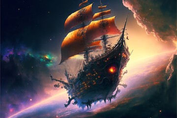 Obraz premium A sailing pirate ship that is discovering the mysteries of outer space and the universe