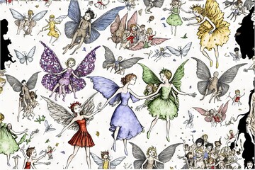  a group of fairy people with different colored wings and wings on a white background with black border and border border, with a black border and border of white border, and a black border.