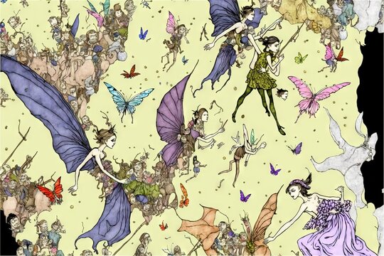  a group of fairy people flying around a field of flowers and butterflies with a fairy on the back of the image and a fairy on the front of the back of the image is a.