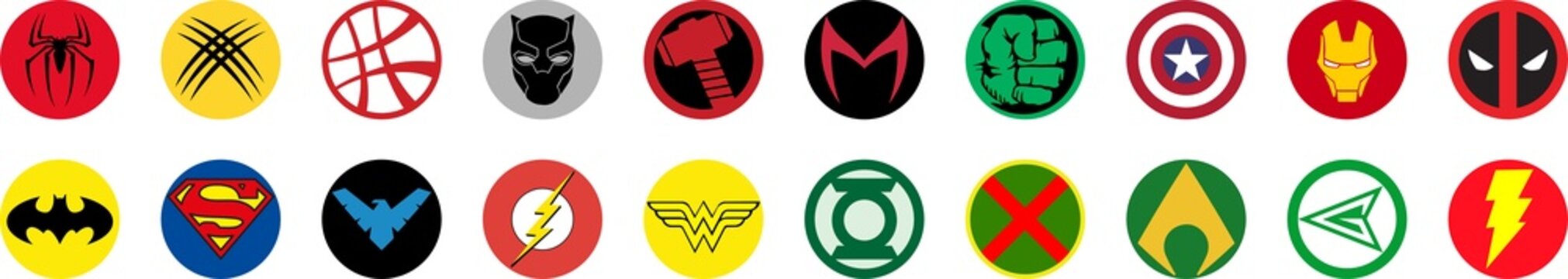 Set of famous superheroes DC and Marvel. Batman, Superman, Nightwing, Flash, Spider-Man, Deadpool, Hulk, others. PNG image