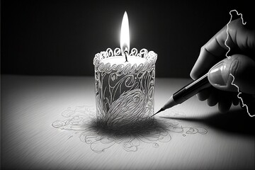  a person writing on a piece of paper with a pen in front of a lit candle with a drawing of a swirl on it and a black background with a white outline of a hand.