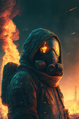 Fototapeta na wymiar a man wearing a gas mask with a fire in the background, cyberpunk art, apocalypse, illustration