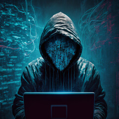 Hacker with face of streaming digital information working on a computer with abstract background of data and wires, digital crime problem concept, illustration created with Generative AI technology