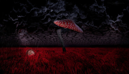 red and black fantasy style mushroom picture red grass