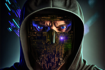 Fototapeta na wymiar Close up of a hacker head with hoody, face covered with a mask of digital data, no face, World digital crime problem concept, illustration created with Generative AI technology