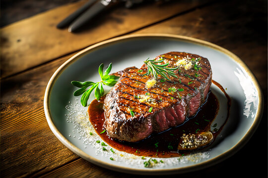 Tasty steak in a restaurant, food photograph, food styling