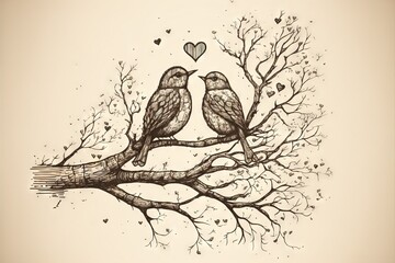  two birds sitting on a branch with a heart in the background of the image, a drawing of two birds sitting on a branch with a heart in the background of the branches, a.