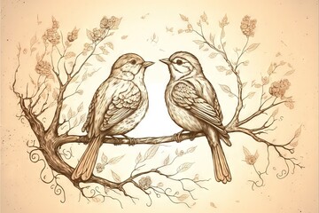  two birds sitting on a branch with leaves and flowers around them, one of them is kissing the other is kissing the other is kissing the other is kissing the other is a drawing on a.