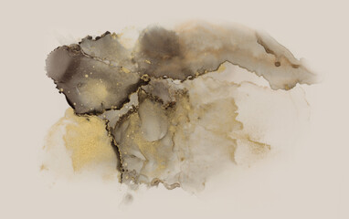 Art Abstract watercolor and alcohol ink flow blot painting. Brown, beige color with gold glitter. Canvas marble texture background.