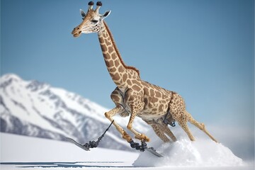  a giraffe is running through the snow on skis in the wild, with mountains in the background, and a blue sky with no clouds in the foreground, and a few. © Anna