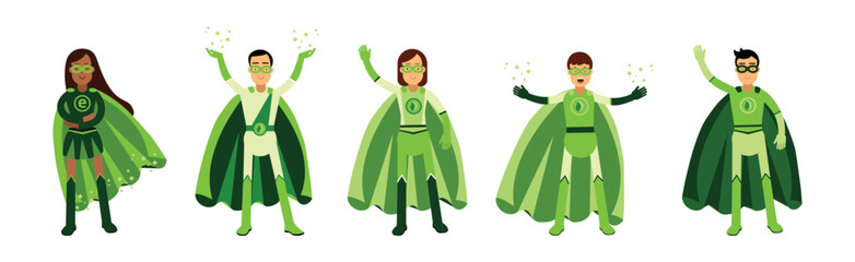 ECO Man and Woman Superhero Characters in Green Costume with Cape Vector Set