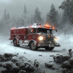 fire truck, in a snowy road, in a hurry to help, fantasy, ai