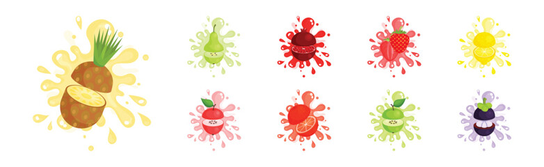 Fresh and Juicy Fruit Cut on Half with Splashes Vector Set