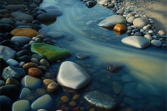  a painting of rocks and water on a beach with a sky background and a blue sky and water flowing over them, with a few rocks in the foreground, and a few more rocks.