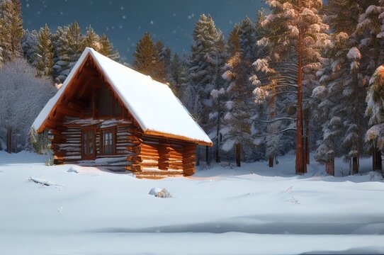Digital painting of a cabin in the forest during winter, Generative AI