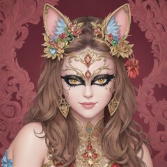 Obraz premium drawing of a girl in a carnival mask of a cat, fantasy, ai