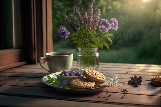  A Plate Of Cookies And A Cup Of Coffee On A Table Outside A Window With A Vase Of Flowers And A Glass Of Water On The Table With A Flower In The Background Of The.