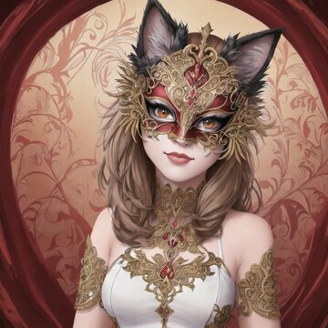 drawing of a girl in a carnival mask of a cat, fantasy, ai