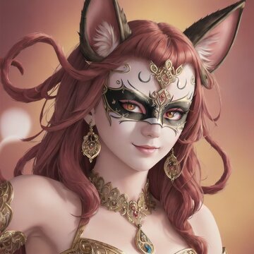 drawing of a girl in a carnival mask of a cat, fantasy, ai